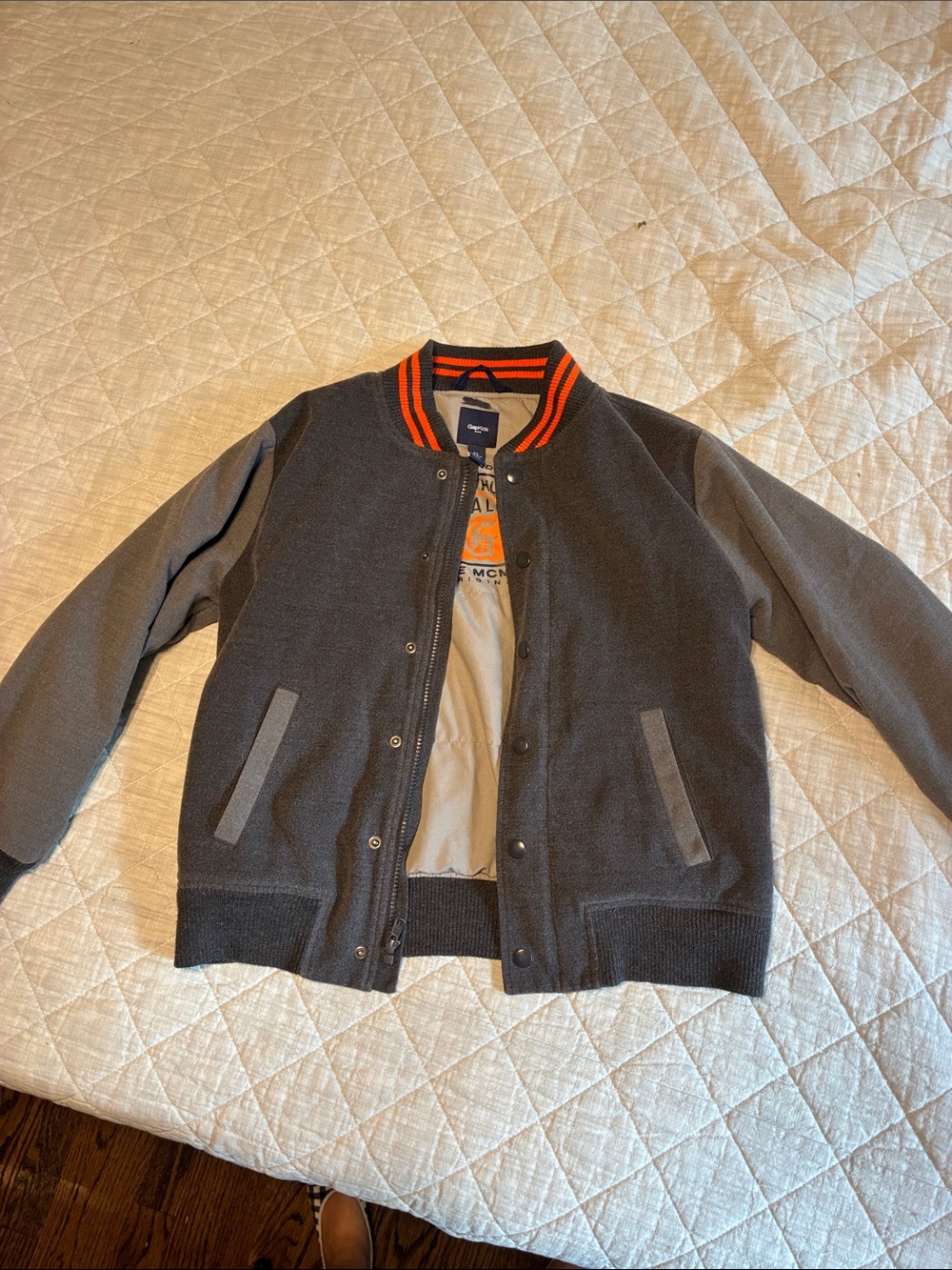 GAP Kids Boys Two-Tone Gray Bomber Jacket with Orange-Trim Collar